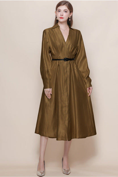 Silk-Texture Belted Midi Dress with Classic Collar