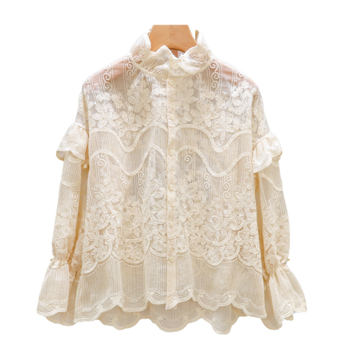 Embroidered Lace High-Neck Chiffon Blouse