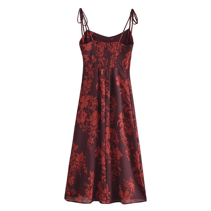 Red Strappy Tie-Waist Slit Midi Dress