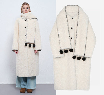 Faux Shearling Long Coat with Detachable Scarf – Off-White Elegance