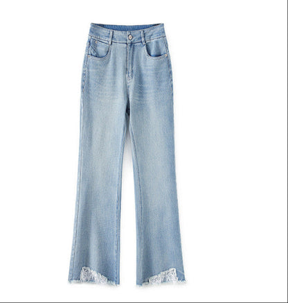 High Waist Wide-Leg Jeans with Lace Hem