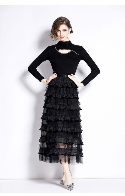 Layered Knit & Tulle Maxi Dress – Faux Two-Piece Design