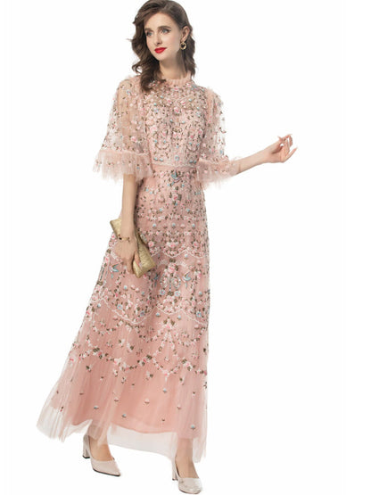 Belleza Princess-Cut Embroidered Maxi Evening Dress