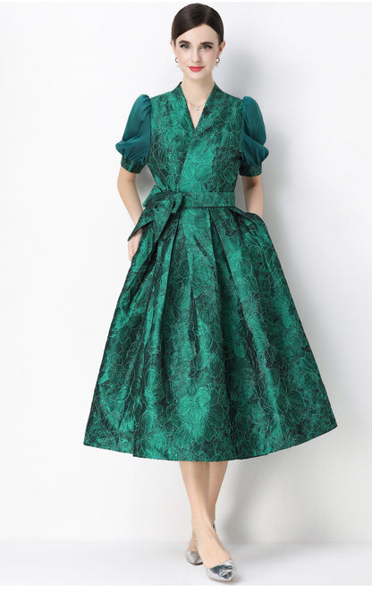 Jacquard Puff Sleeve V-Neck Maxi Dress