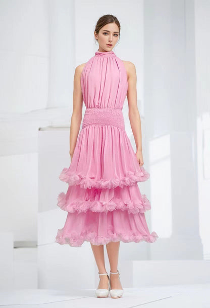 3D Floral High-Neck Evening Gown – Elegant Pink