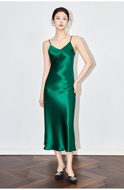 Satin-Texture Acetate Slip Dress with Spaghetti Straps