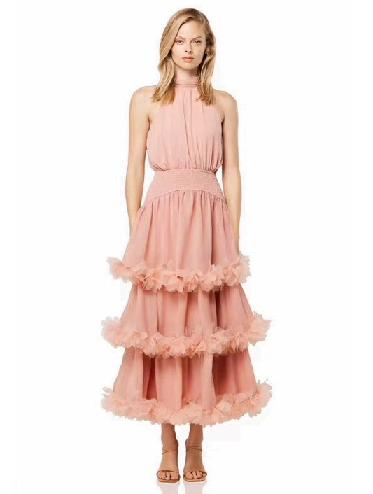 3D Floral High-Neck Evening Gown – Elegant Pink