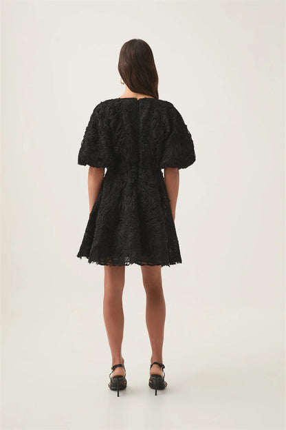 Textured Short Puff Sleeve A-Line Dress