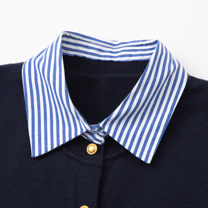 Fake Two-Piece Women's Sweater – Striped Polo Collar Design