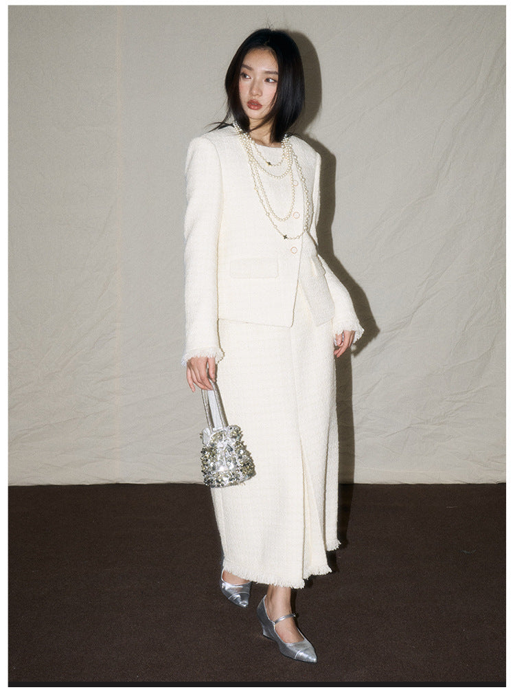 White Wool-Blend French Jacket & Midi Skirt Set
