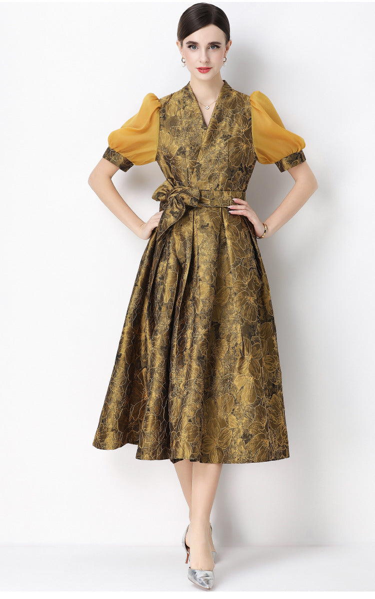 Jacquard Puff Sleeve V-Neck Maxi Dress