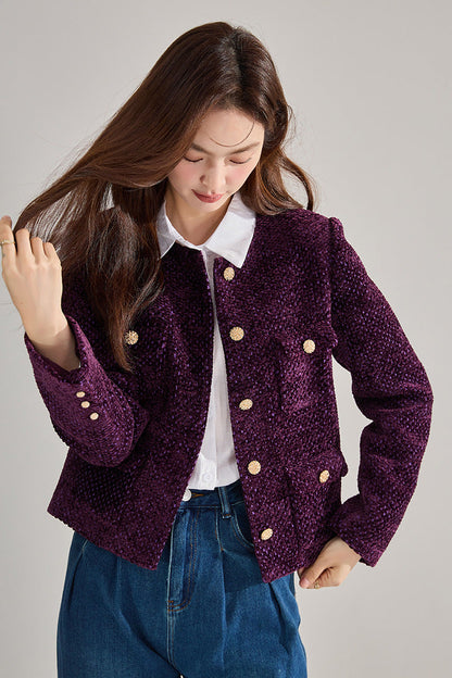 Purple Tweed French-Style Cropped Jacket