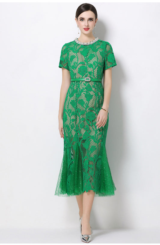 Emerald Lace Fishtail Maxi Dress