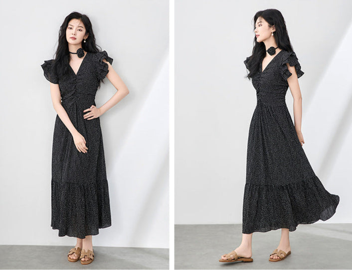 Romantic Polka Dot Midi Dress with Ruffle Sleeves and Necklace Detail