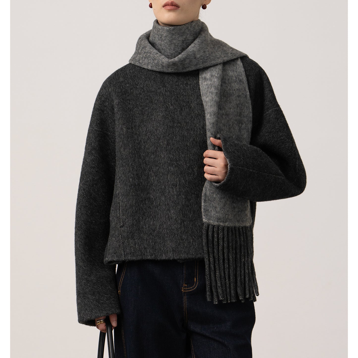 Alpaca Wool Short Double-Sided Coat with Scarf Detail