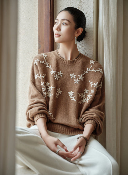 Embroidered Pure Cashmere Crewneck Sweater