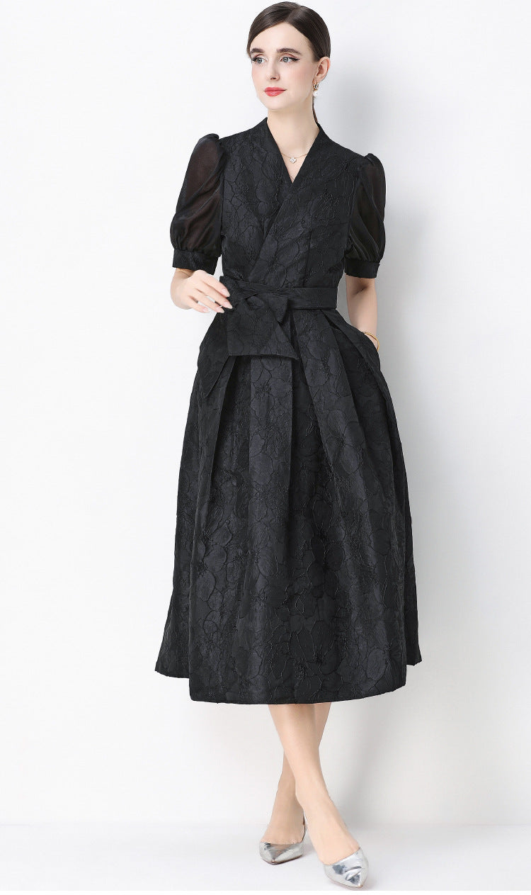 Jacquard Puff Sleeve V-Neck Maxi Dress