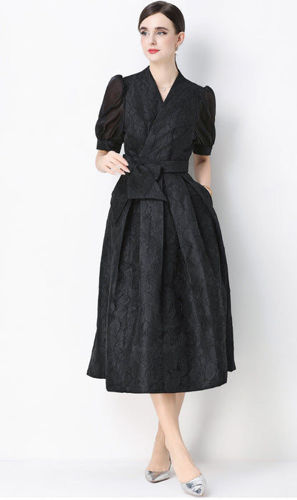 Jacquard Puff Sleeve V-Neck Maxi Dress