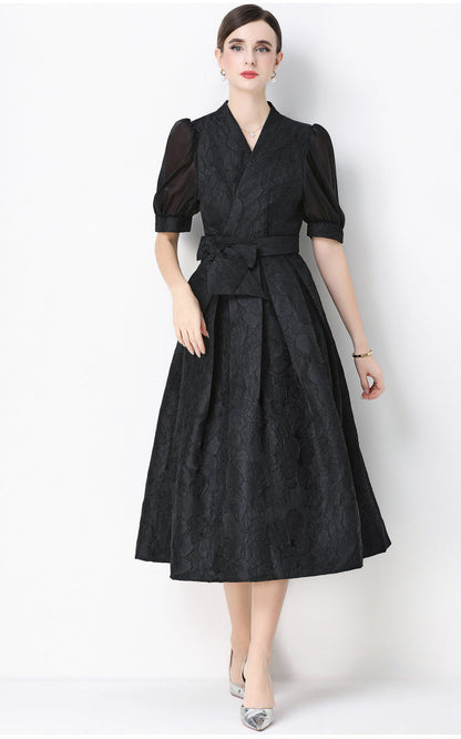 Jacquard Puff Sleeve V-Neck Maxi Dress