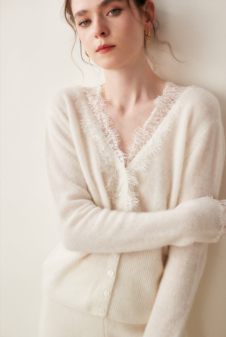 Lace-Trim Baby Cashmere Cardigan