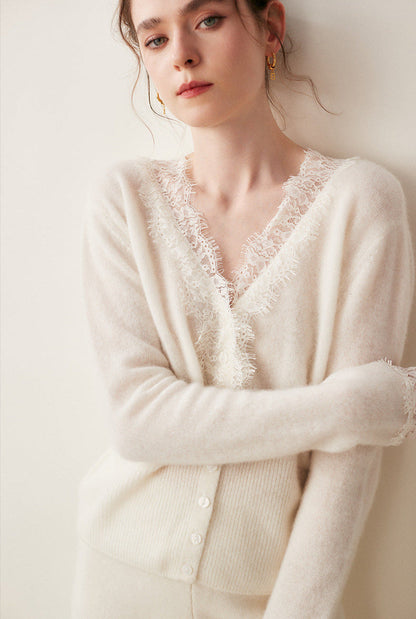 Lace-Trim Baby Cashmere Cardigan