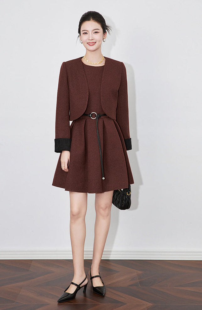 Modern Color-Block Jacket & Chanel-Inspired Pleated Dress Set