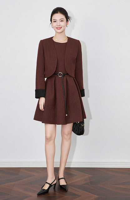 Modern Color-Block Jacket & Chanel-Inspired Pleated Dress Set