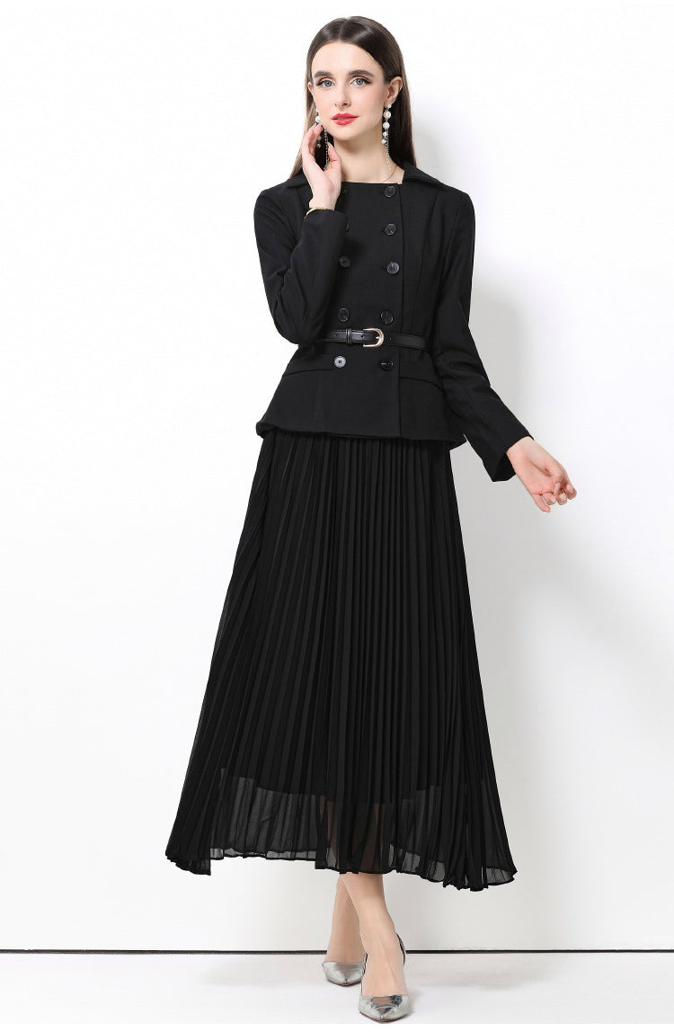 Retro Pleated Detail Long Black Dress