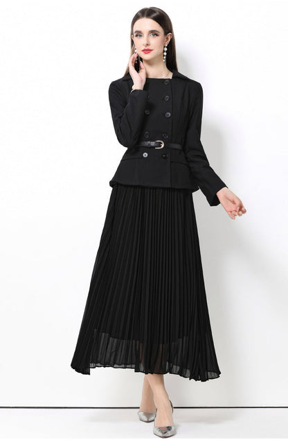 Retro Pleated Detail Long Black Dress