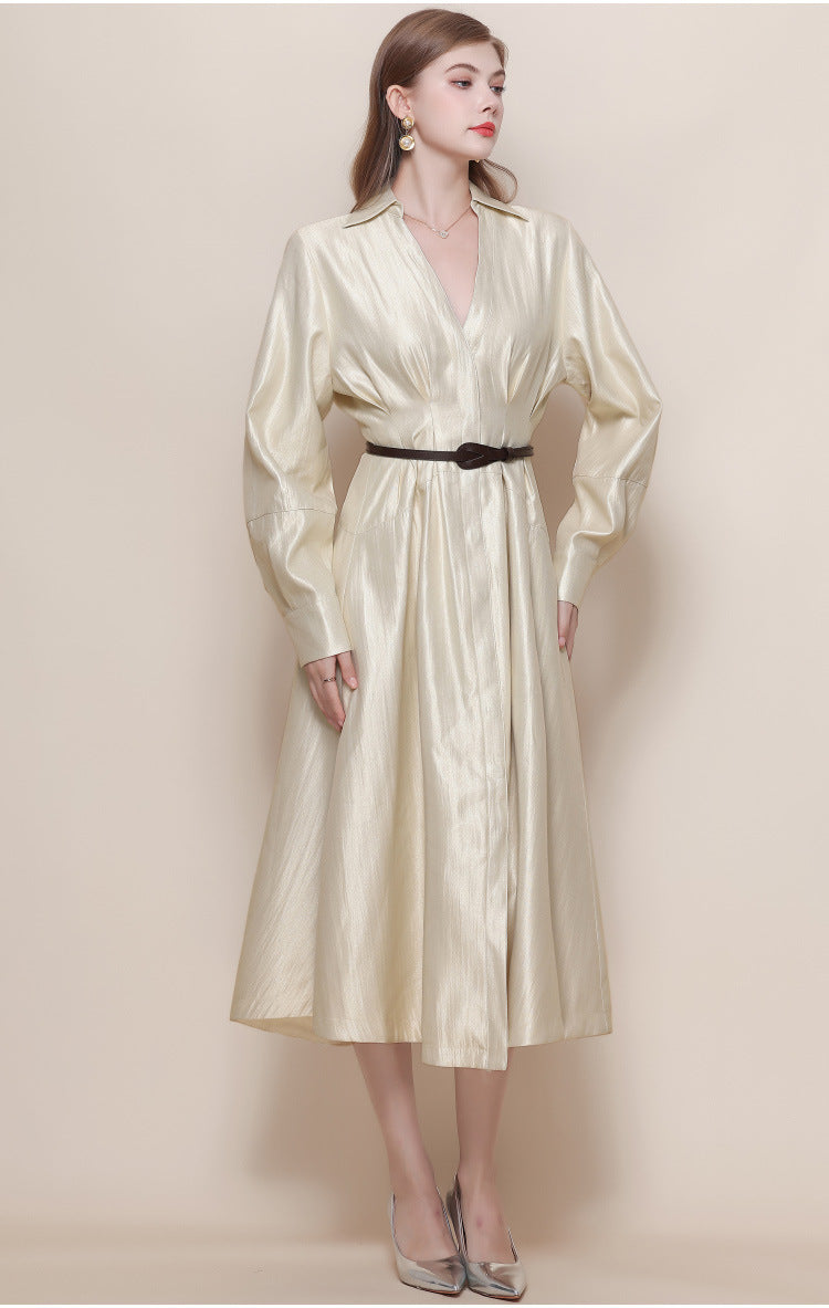Silk-Texture Belted Midi Dress with Classic Collar