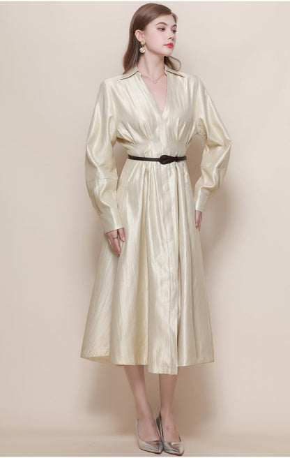 Silk-Texture Belted Midi Dress with Classic Collar