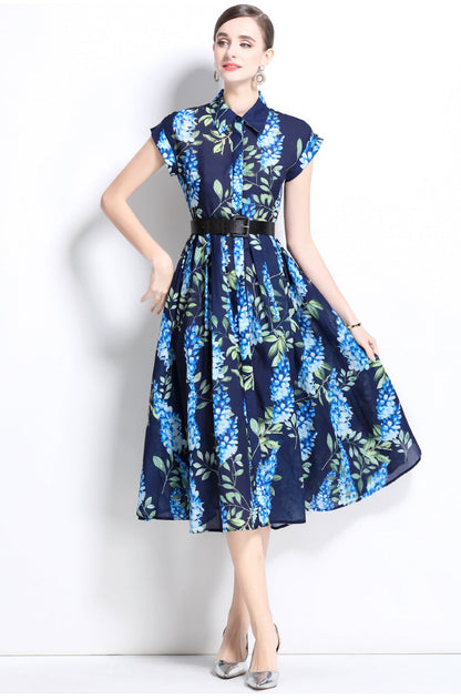 Printed Polo Collar Elegant Midi Dress