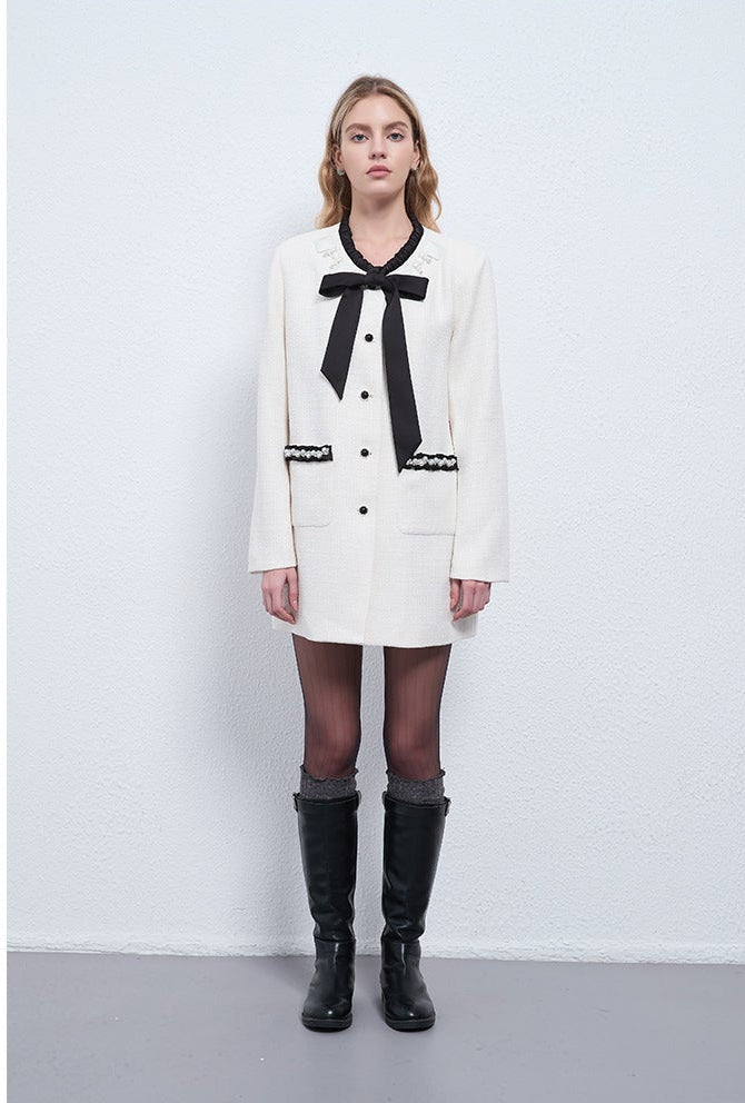 Bow-Tie Neck Contrast Trim Midi Jacket