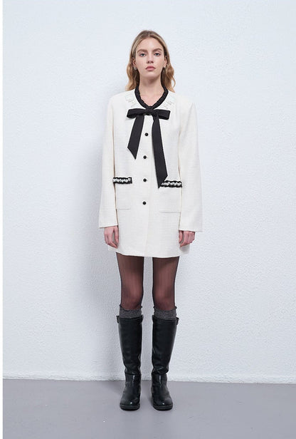 Bow-Tie Neck Contrast Trim Midi Jacket