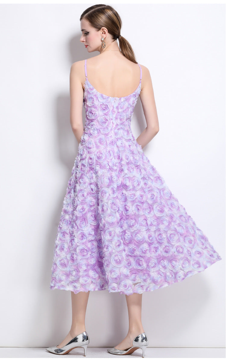 3D Rose Appliqué Strappy Midi Dress