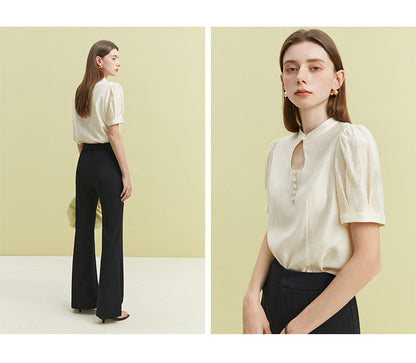 Elegant Ripple Collar Sheer Short Sleeve Blouse