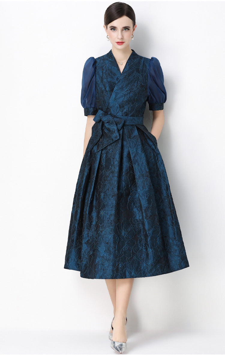 Jacquard Puff Sleeve V-Neck Maxi Dress