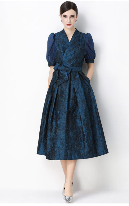 Jacquard Puff Sleeve V-Neck Maxi Dress