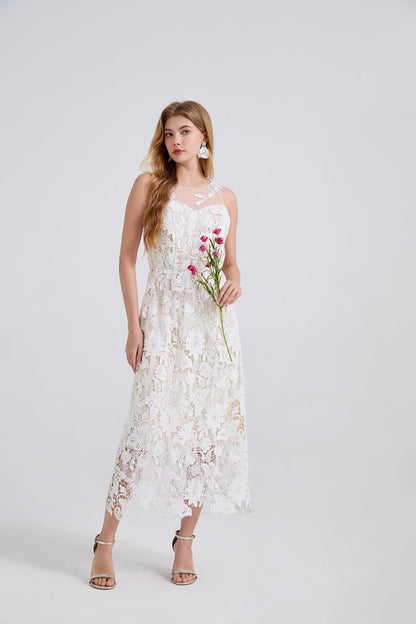 Goddess-Style White Lace Maxi Dress