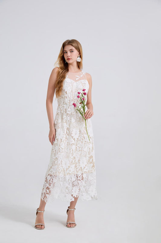 Goddess-Style White Lace Maxi Dress