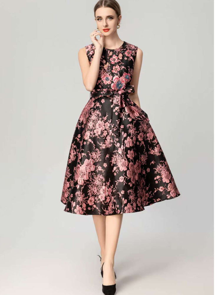 Floral Embroidered Jacquard Ruffle Dress