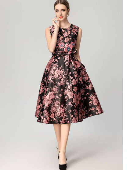 Floral Embroidered Jacquard Ruffle Dress