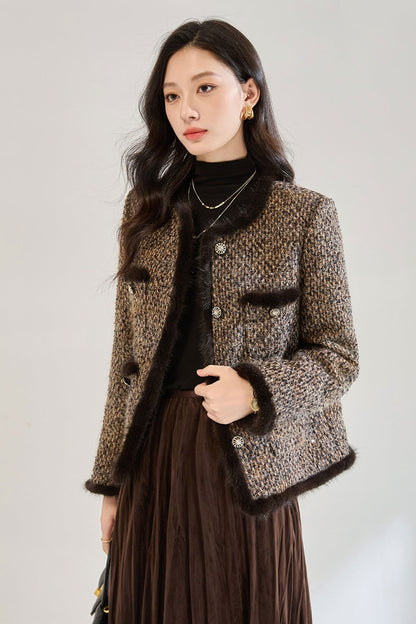 Luxury Tweed Short Puffer Jacket with White Duck Down Filling