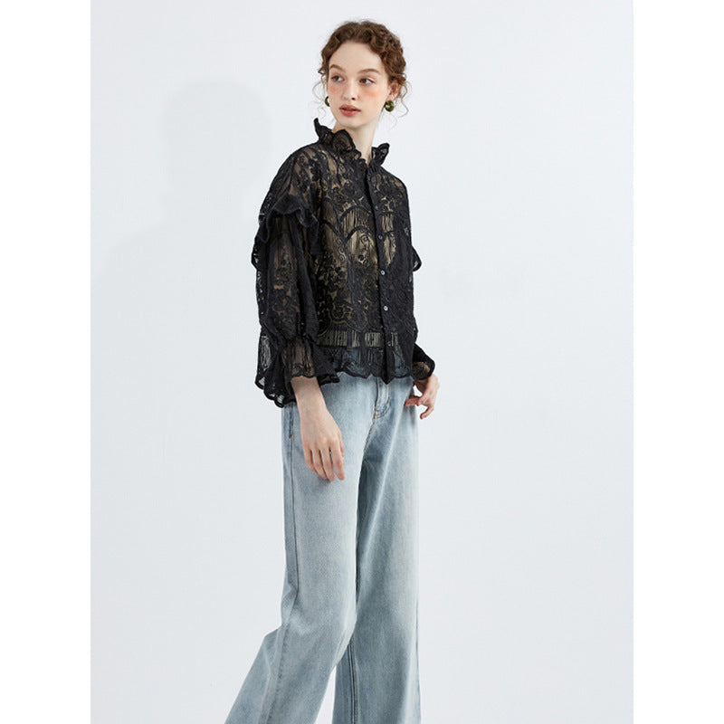 Embroidered Lace High-Neck Chiffon Blouse