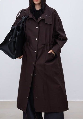 Oversized British-Style Long Trench Coat – Coffee Brown