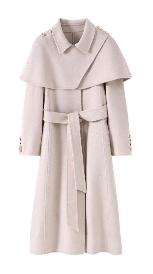 Hepburn Wool Coat with Detachable Shawl – Double-Faced 100% Wool