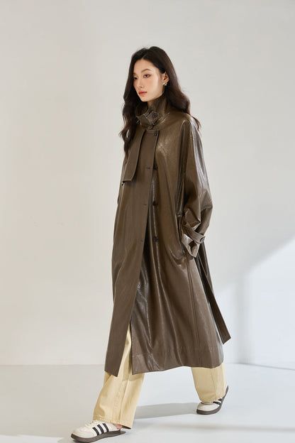 Retro Long Faux Leather Coat