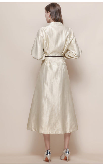 Silk-Texture Belted Midi Dress with Classic Collar
