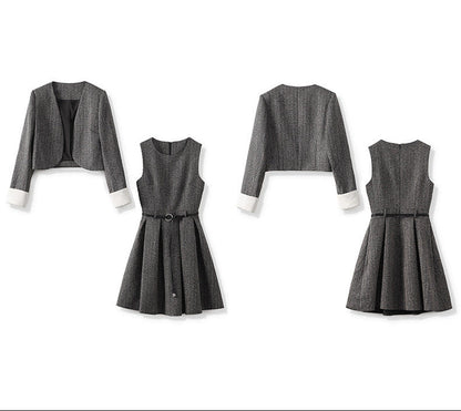 Modern Color-Block Jacket & Chanel-Inspired Pleated Dress Set
