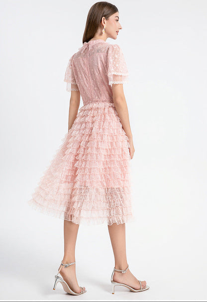 Blush Ruffle Lace Dress with Peter Pan Collar & Puff Sleeves